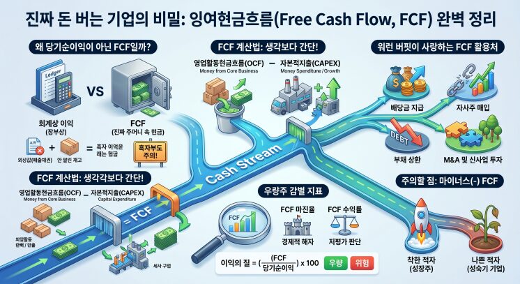 잉여현금흐름(FCF)의 개념과 계산 공식(OCF-CAPEX), 워런 버핏의 투자 지표 및 활용법을 정리한 인포그래픽 이미지
