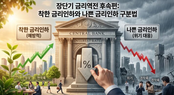 중앙은행을 배경으로 경제 연착륙을 이끄는 착한 금리인하와 경제 위기를 방어하는 나쁜 금리인하의 대비되는 상황을 명확하게 표현한 이미지